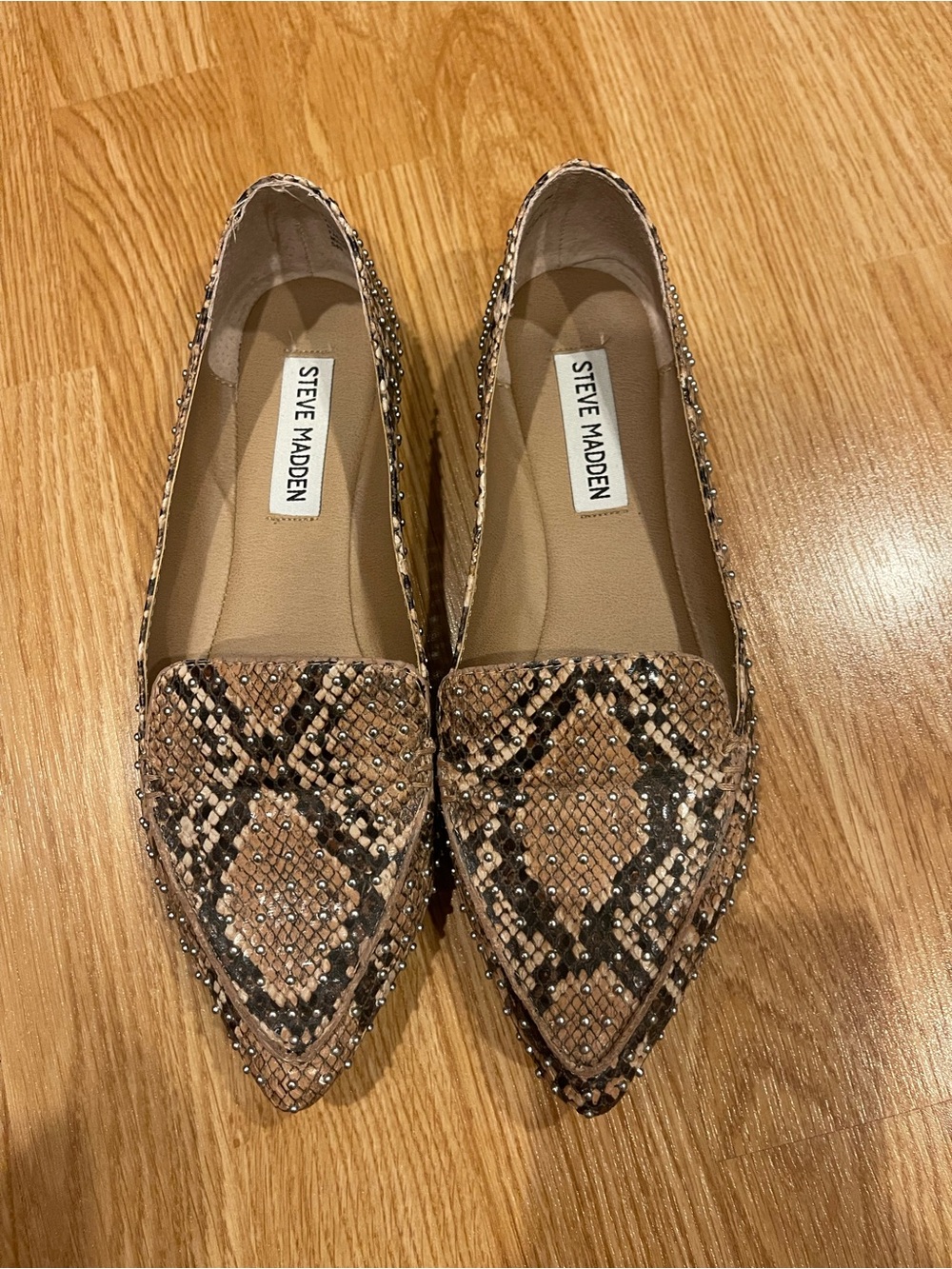 Steve Madden Feather Snake-Print Studded Pointed Toe Flats